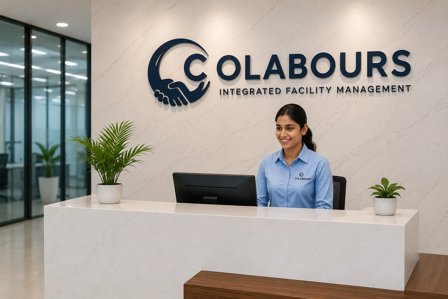 Colabours India reception desk with a facility support professional at the front office