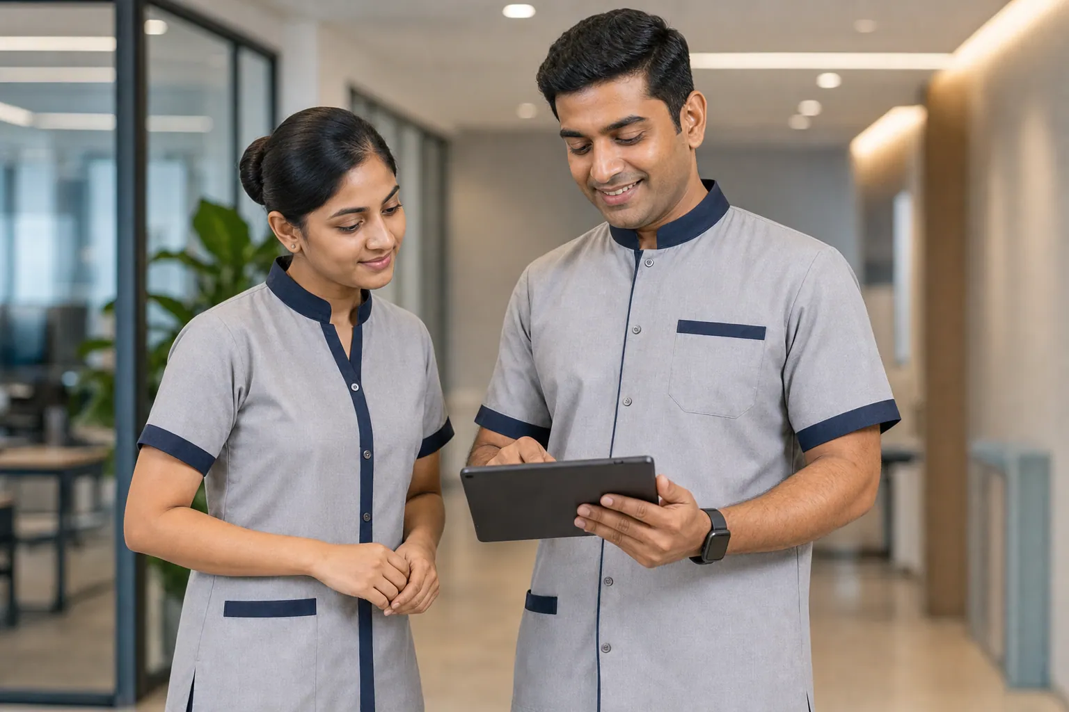 Indian compliance and facility professionals reviewing operational records