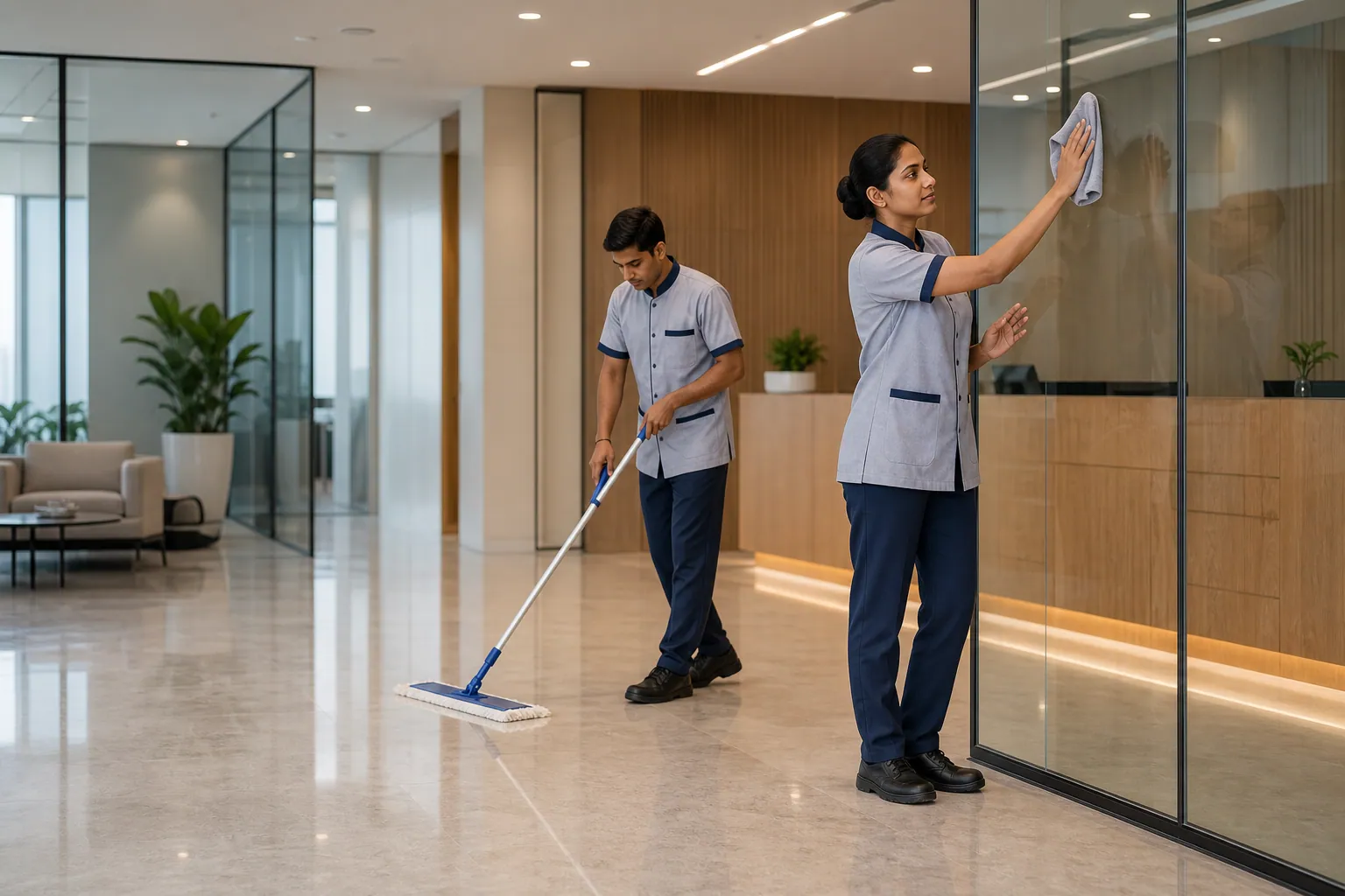 Colabours India housekeeping team cleaning a premium corporate office lobby
