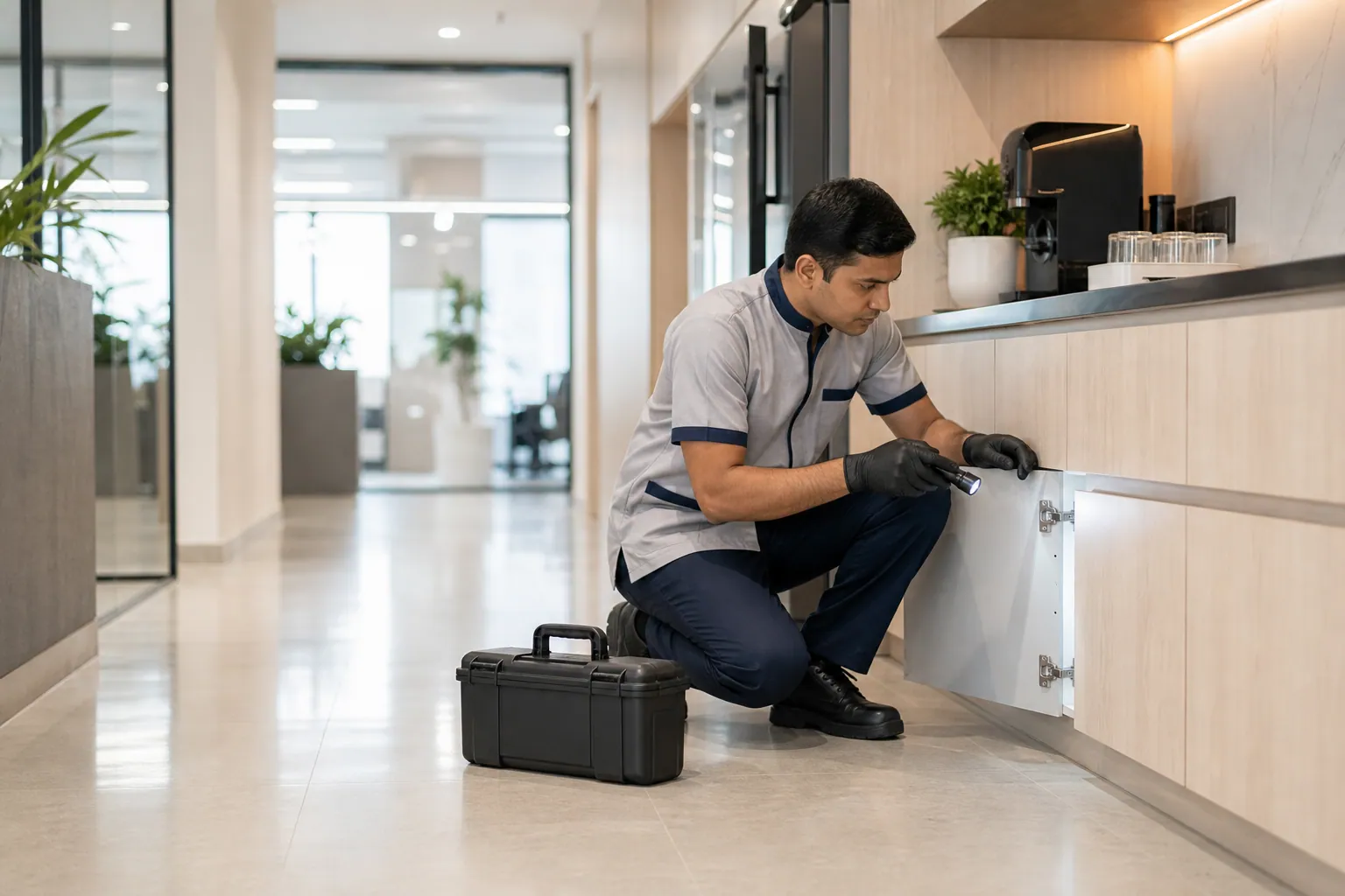 Colabours India pest control professional inspecting a modern office facility