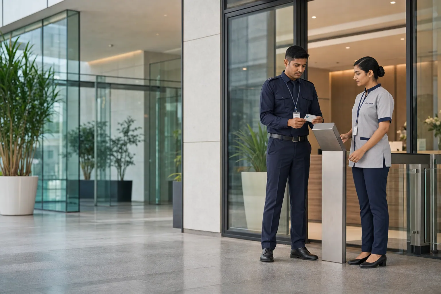 Indian security and facility support professionals at a corporate entrance